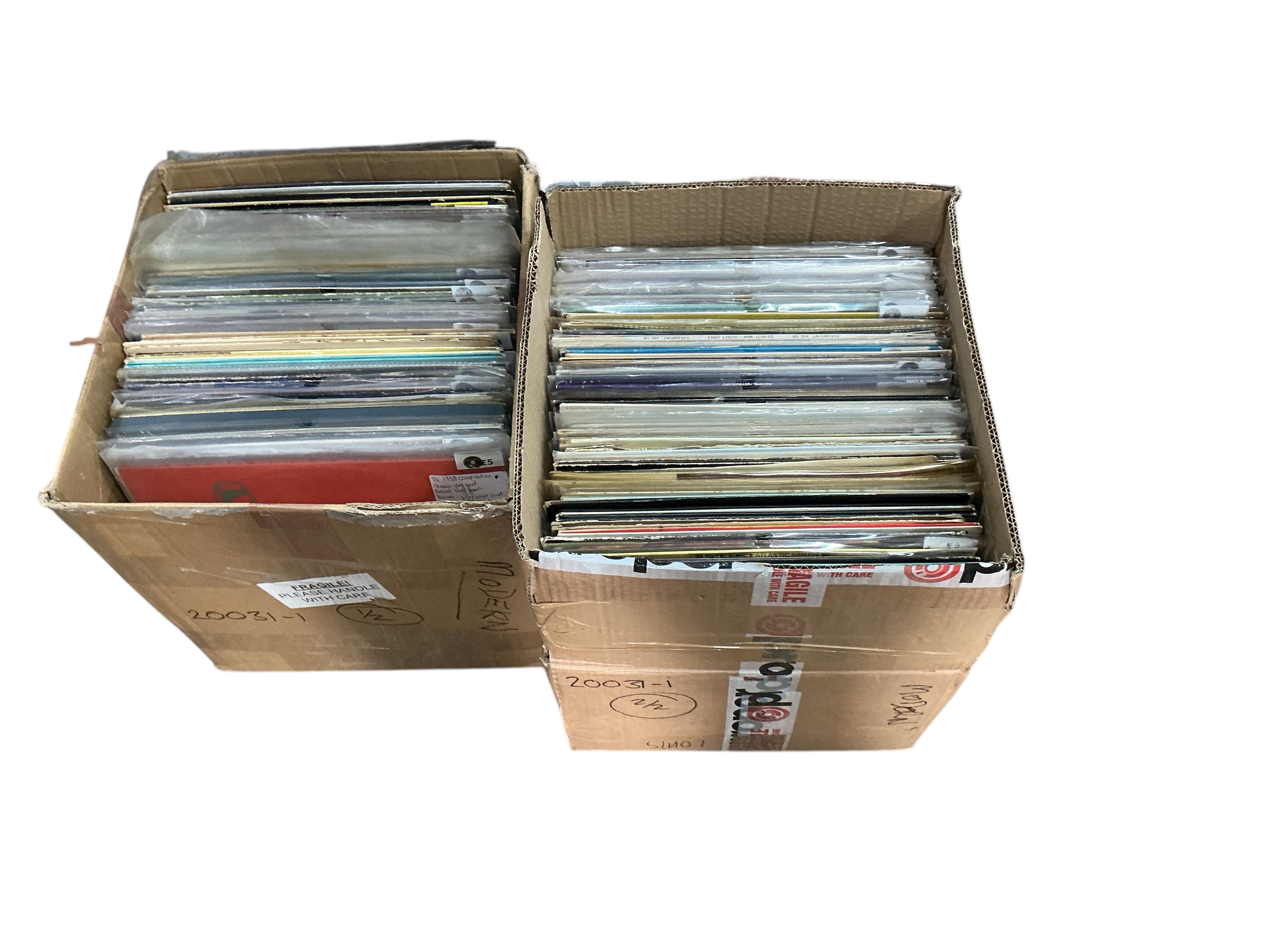 Two boxes of jazz LP record albums, including many 1950s/60s Bebop artists; Pete Jolly, Kansas City Jazz, Mel Torme, Charlie Byrd, Jimmy Smith, Curtis Fuller, Vinnie Burke, Billie Holiday, Buddy Tate, Lee Konitz, Shelly